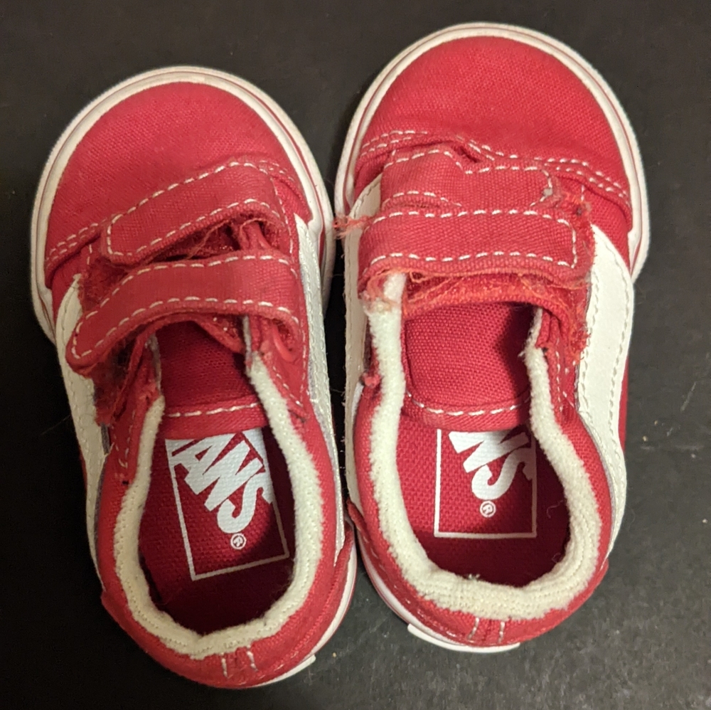 Vans Red and White Old Skool Toddler Sneakers with Velcro